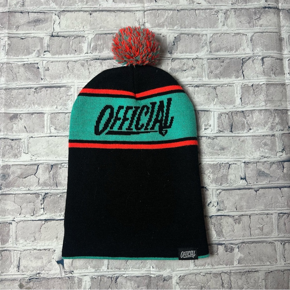 EUC Official Black and Teal Beanie with Pom Pom